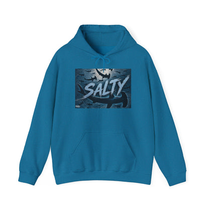 Salty Shark Graphic Hoodie | Ocean Waves, Blue Typography