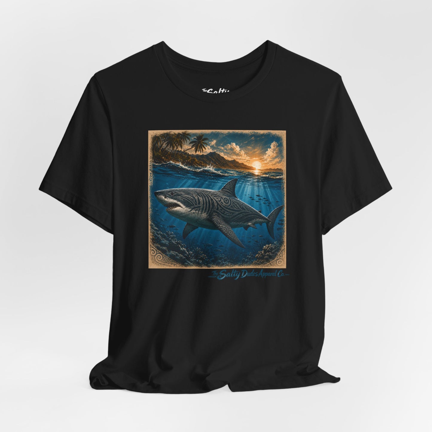 Great White Sunset Graphic Tee — Ocean Surf Adventure Shirt