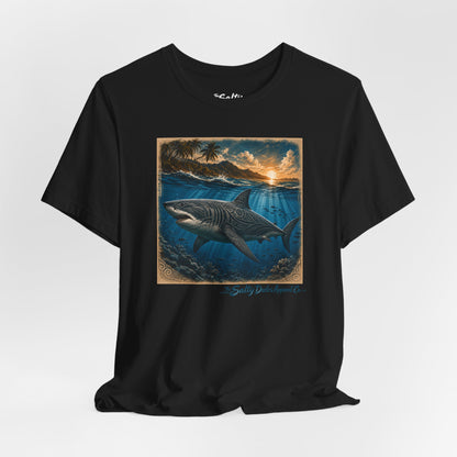 Great White Sunset Graphic Tee — Ocean Surf Adventure Shirt