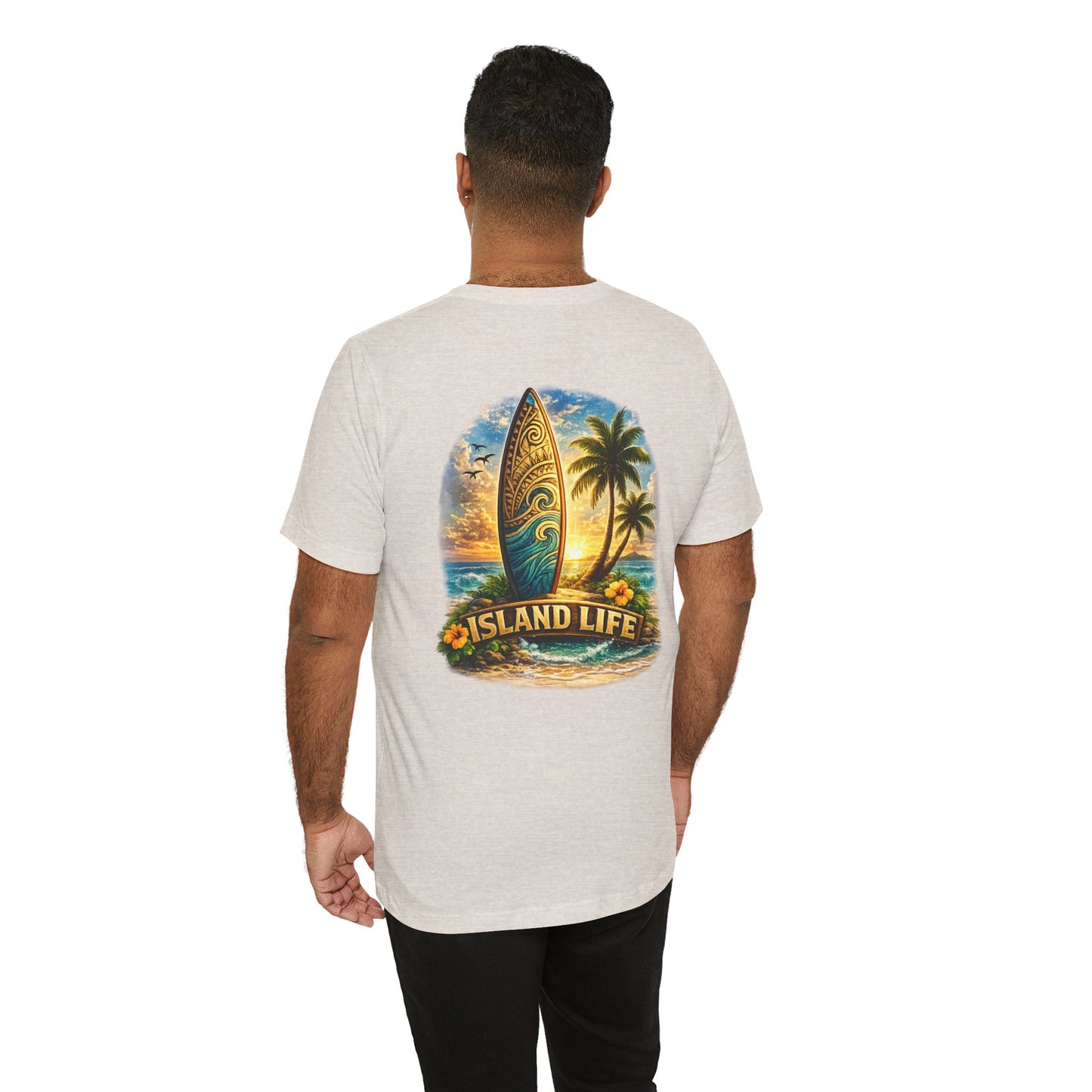 Island Life Surf T-Shirt — Tropical Surfboard & Palm Tree Tee