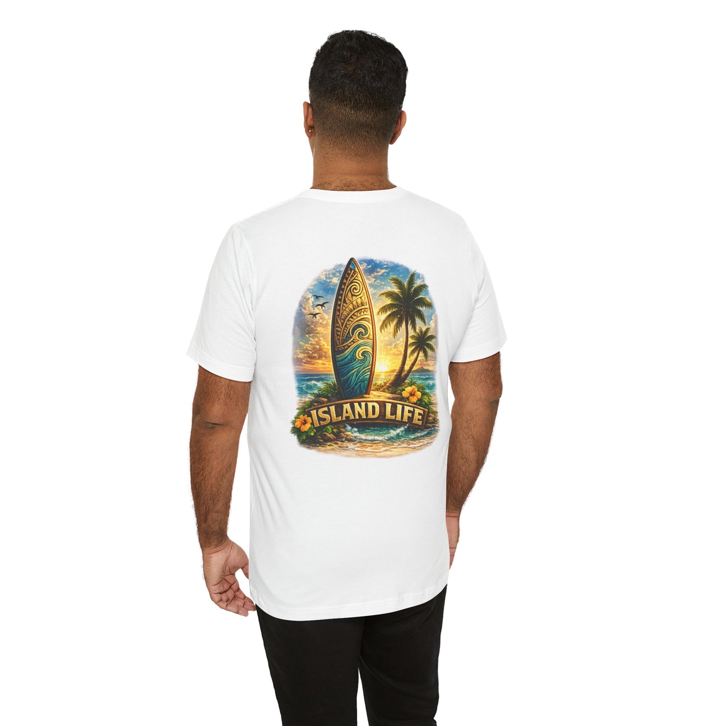 Island Life Surf T-Shirt — Tropical Surfboard & Palm Tree Tee