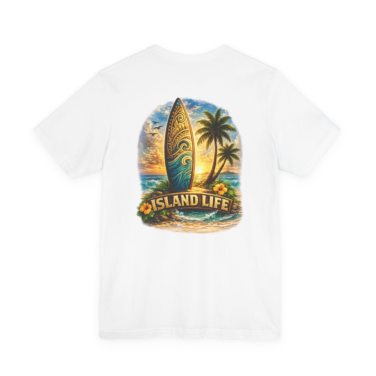 Island Life Surf T-Shirt — Tropical Surfboard & Palm Tree Tee