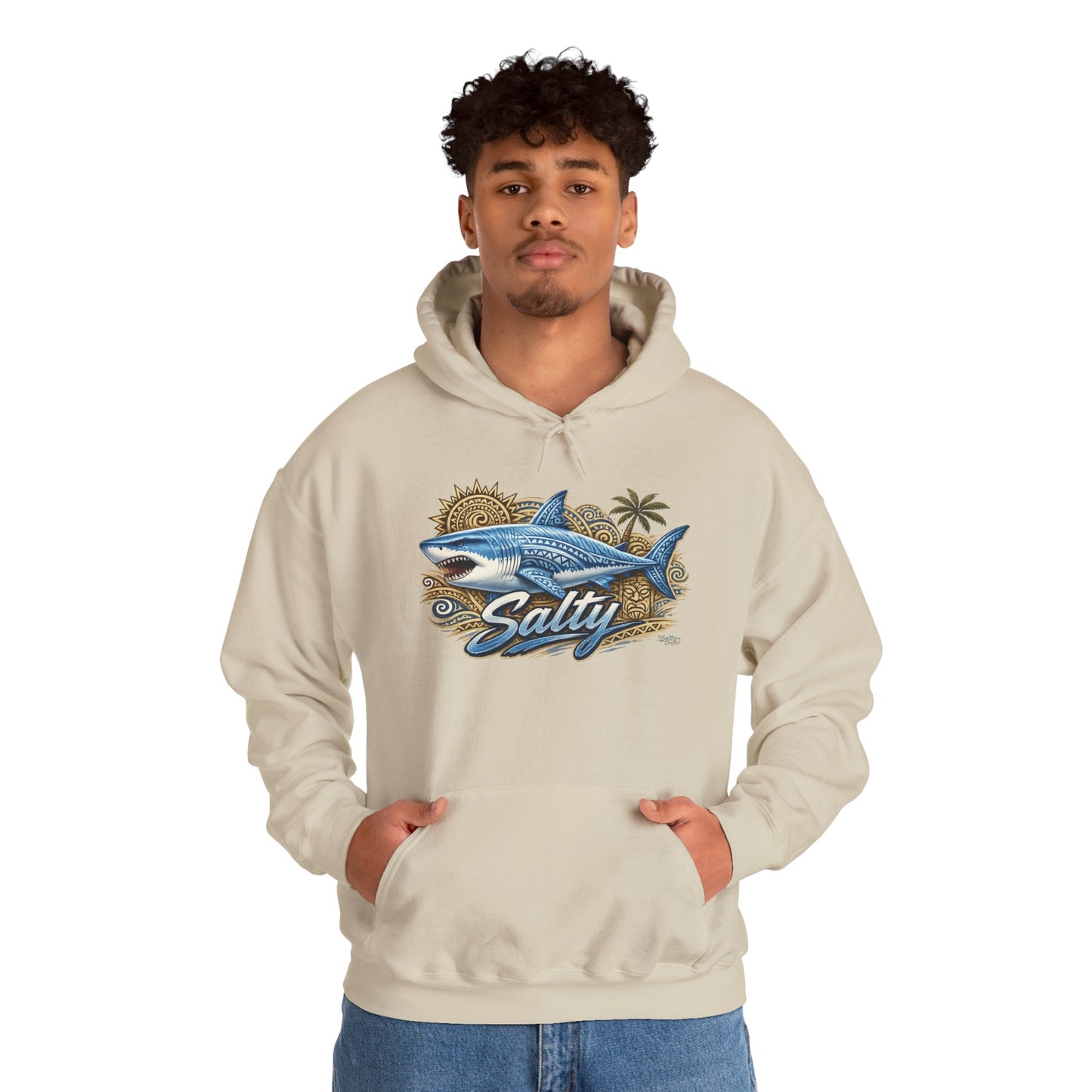 Salty White Shark Surf graphic Hoodie | Beach Palm Sun Ocean Illustration