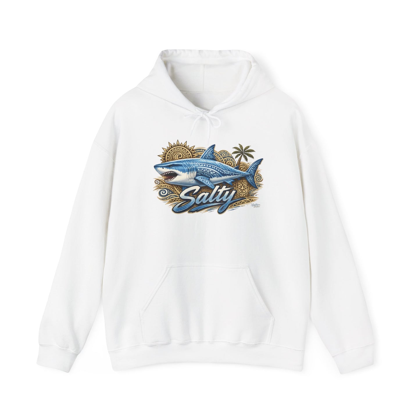 Salty White Shark Surf graphic Hoodie | Beach Palm Sun Ocean Illustration