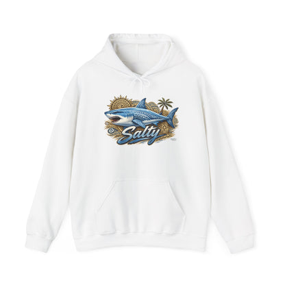 Salty White Shark Surf graphic Hoodie | Beach Palm Sun Ocean Illustration
